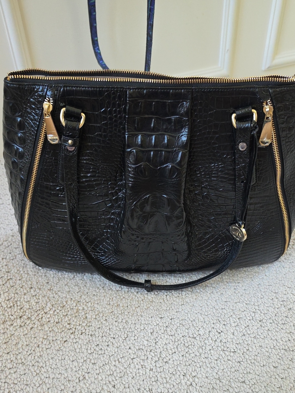 Brahmin Black Croc-Embossed Leather Tote with Gold Hardware